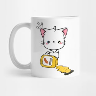 Cute White Angora Cat Spilled a jar of mustard sauce Mug